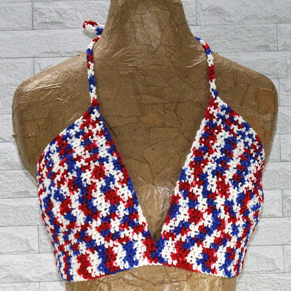 HAND CRAFTED Crop Top Crochet Bikini Stripe Patriotic Festival Red White Blue